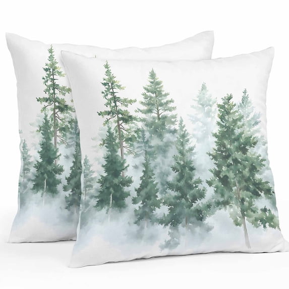 Throw Pillow Covers 24x24 Inch Set of 2, Forest Green Waterproof Outdoor Pillow Covers, Spring Summer Watercolor Pine Tree Decorative Cushion Pillowcases for Couch, Sofa, Bed, Garden, Patio