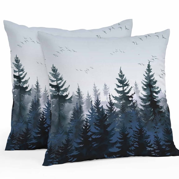 Throw Pillow Covers 24x24 Inch Set of 2, Forest Waterproof Outdoor Pillow Covers, Dark Blue Fall Bird Vintage Farmhouse Tree Decorative Cushion Pillowcases for Couch, Sofa, Bed, Garden, Patio