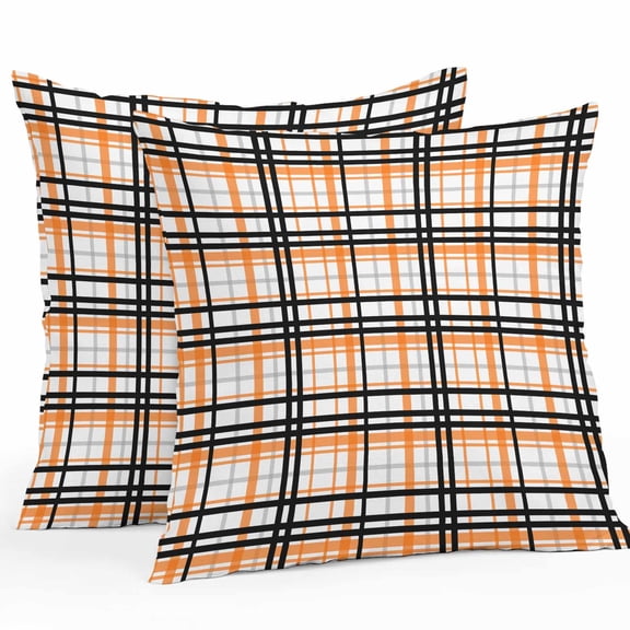 Throw Pillow Covers 24x24 Inch Set of 2, Orange Black Plaid Waterproof Outdoor Pillow Covers, Farmhouse Orange Black Checkered Decorative Cushion Pillowcases for Couch, Sofa, Bed, Garden, Patio