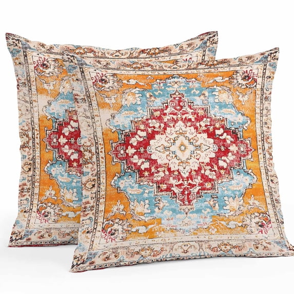 Throw Pillow Covers 24x24 Inch Set of 2, Vintage Ethnic Waterproof Outdoor Pillow Covers, Boho Tribes Modern Orange Middle Century Decorative Cushion Pillowcases for Couch, Sofa, Bed, Garden, Patio