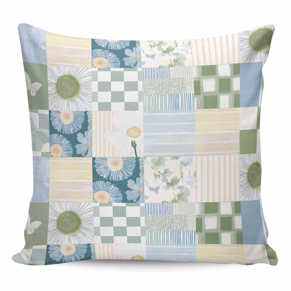 Throw Pillow Covers 24x24 Inch, Spring Floral Checkered Decorative Pillow Cases for Couch Sofa Bed, Sage Green Daisy Buffalo Plaid Cotton Linen Square Home Decor Pillowcases with Hidden Zipper
