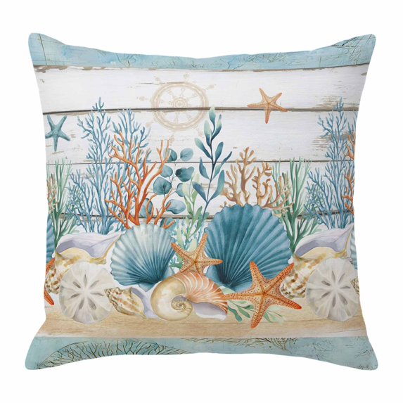 Throw Pillow Covers 24x24 Inch, Starfish Coastal Decorative Pillow Cases for Couch Sofa Bed, Summer Ocean Blue Coral Conch Seagrass Cotton Linen Square Home Decor Pillowcases with Hidden Zipper