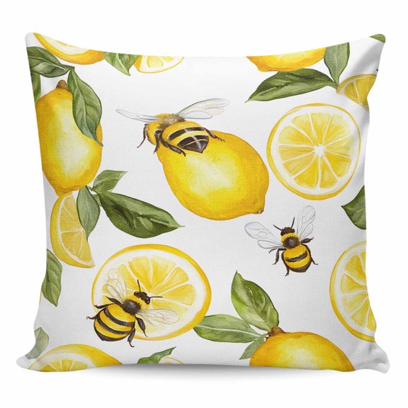 Throw Pillow Covers 24x24 Inch, Summer Lemon Decorative Pillow Cases for Couch Sofa Bed, Bee Green Botanical Yellow Fruits Cotton Linen Square Home Decor Pillowcases with Hidden Zipper