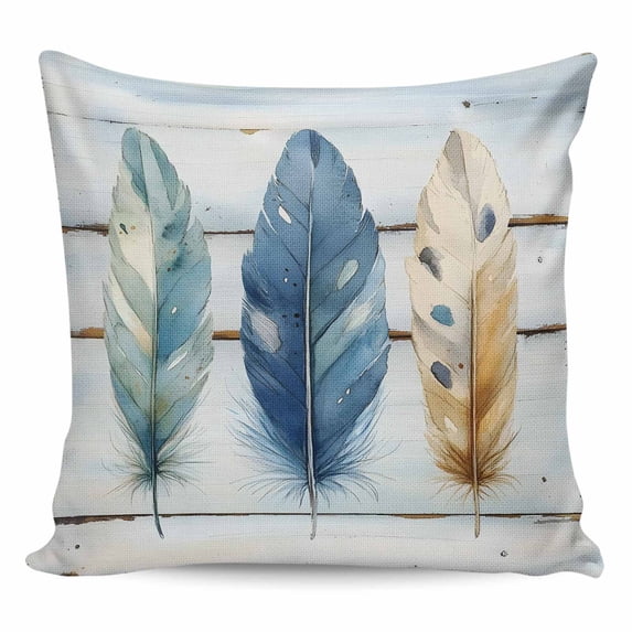 Throw Pillow Covers 24x24 Inch, Vintage Blue Feathers Decorative Pillow Cases for Couch Sofa Bed, Boho Retro Wooden Grain Cotton Linen Square Home Decor Pillowcases with Hidden Zipper