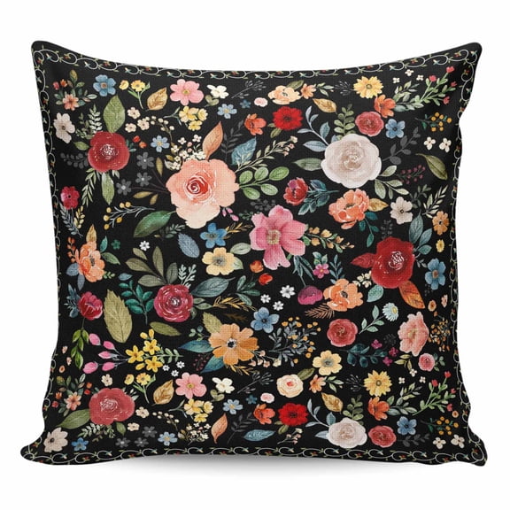 Throw Pillow Covers 24x24 Inch, Watercolor Flowers Decorative Pillow Cases for Couch Sofa Bed, Farmhouse Floral Vintage Black Cotton Linen Square Home Decor Pillowcases with Hidden Zipper