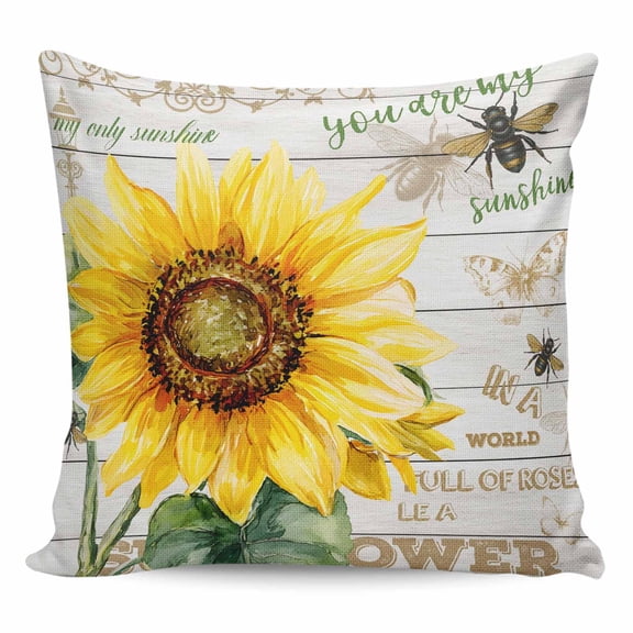 Throw Pillow Covers 24x24 Inch, Yellow Sunflower Decorative Pillow Cases for Couch Sofa Bed, Elegant Pastoral Floral Wooden Cotton Linen Square Home Decor Pillowcases with Hidden Zipper