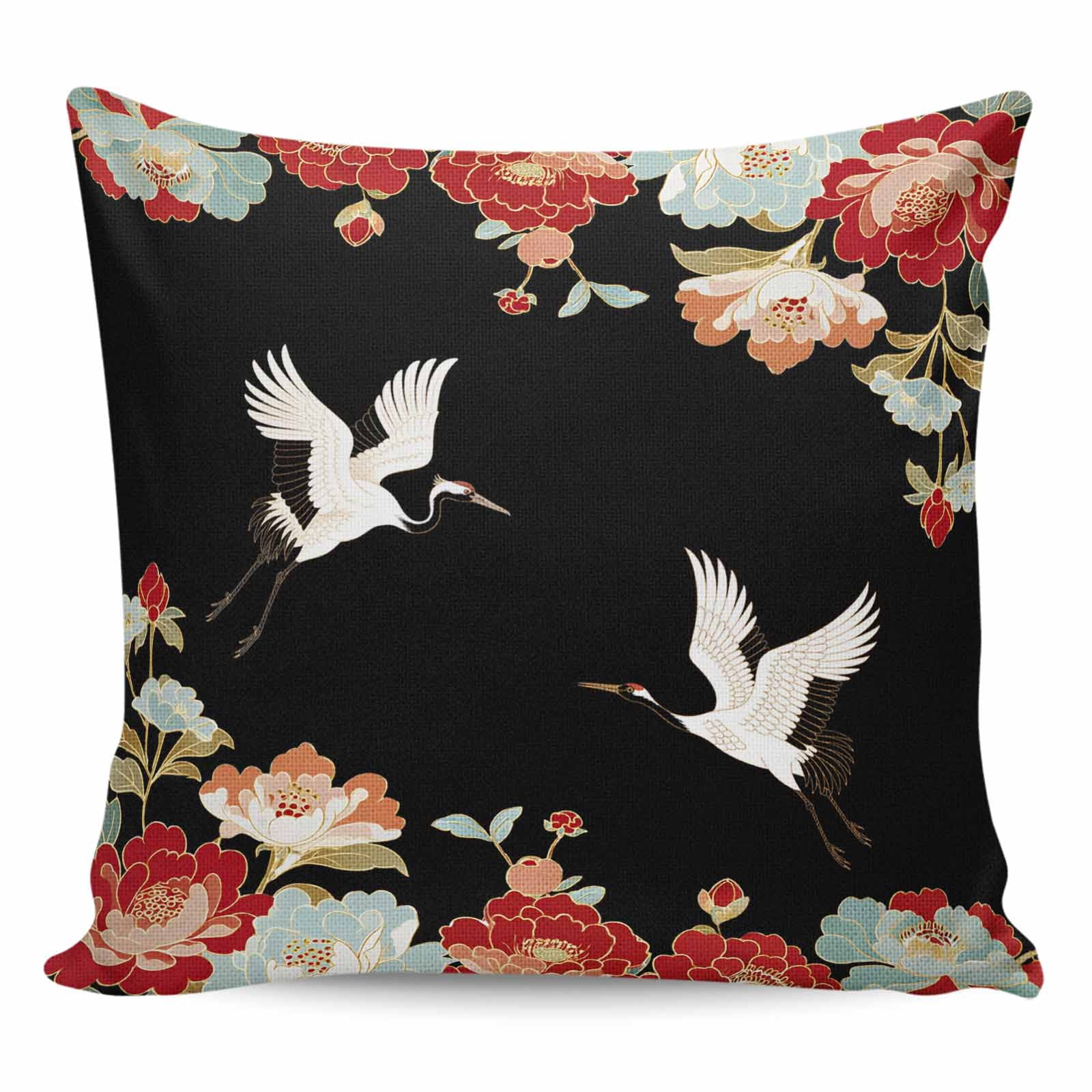 Throw Pillow Covers 26x26 Inch, Black Crane Decorative Pillow Cases for Couch Sofa Bed, Vintage Red Teal Spring Floral Botanical Cotton Linen Square Home Decor Pillowcases with Hidden Zipper