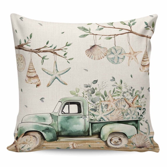 Throw Pillow Covers 26x26 Inch, Coastal Sage Green Decorative Pillow Cases for Couch Sofa Bed, Eucalyptus Truck Shell Starfish Ocean Cotton Linen Square Home Decor Pillowcases with Hidden Zipper