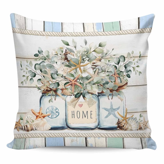 Throw Pillow Covers 26x26 Inch, Green Eucalyptus Decorative Pillow Cases for Couch Sofa Bed, Botanical Floral Starfish Rustic Wood Cotton Linen Square Home Decor Pillowcases with Hidden Zipper