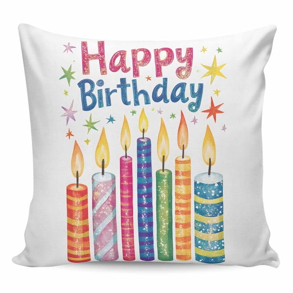Throw Pillow Covers 26x26 Inch, Happy Birthday Decorative Pillow Cases for Couch Sofa Bed, Colorful Candle Stars Cotton Linen Square Home Decor Pillowcases with Hidden Zipper