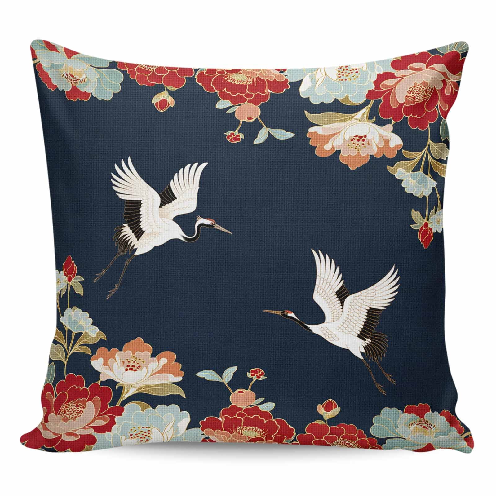 Throw Pillow Covers 26x26 Inch, Navy Blue Crane Decorative Pillow Cases for Couch Sofa Bed, Vintage Red Teal Spring Floral Botanical Cotton Linen Square Home Decor Pillowcases with Hidden Zipper