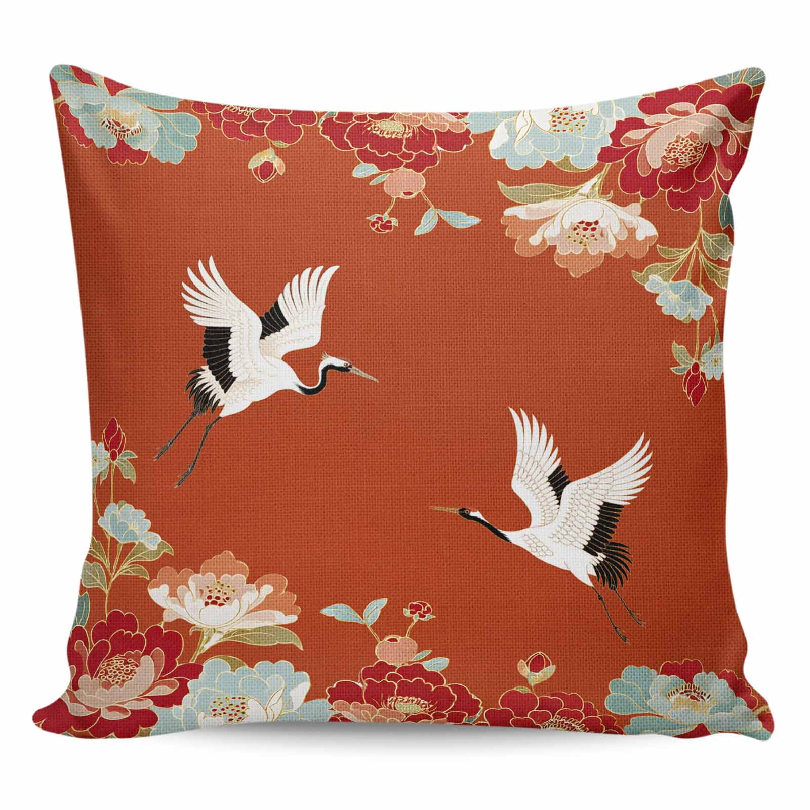 Throw Pillow Covers 26x26 Inch, Red Crane Decorative Pillow Cases for Couch Sofa Bed, Vintage Red Teal Spring Floral Botanical Cotton Linen Square Home Decor Pillowcases with Hidden Zipper