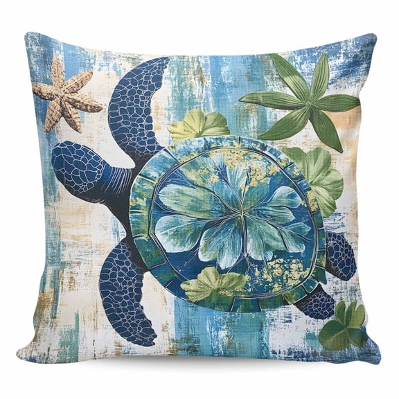 Throw Pillow Covers 26x26 Inch, Sea Turtle Coastal Decorative Pillow Cases for Couch Sofa Bed, Nautical Beach Summer Retro Cotton Linen Square Home Decor Pillowcases with Hidden Zipper
