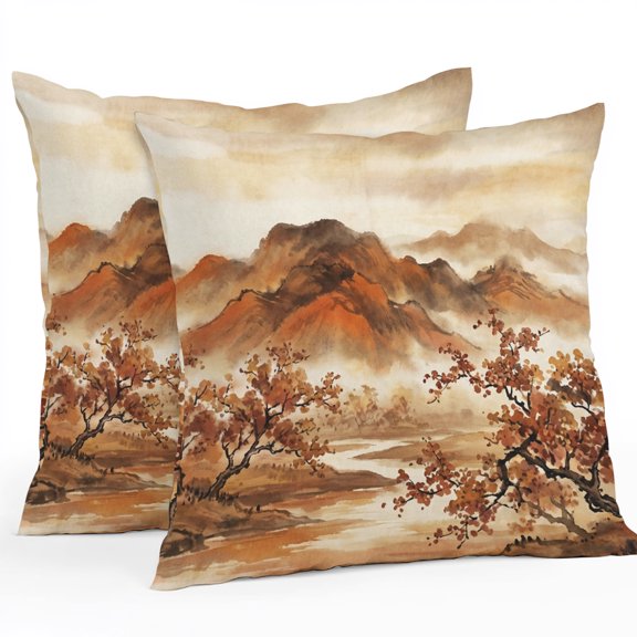 Throw Pillow Covers 26x26 Inch Set of 2, Fall Mountains Waterproof Outdoor Pillow Covers, Burnt Orange Vintage Country River Valley Decorative Cushion Pillowcases for Couch, Sofa, Bed, Garden, Patio