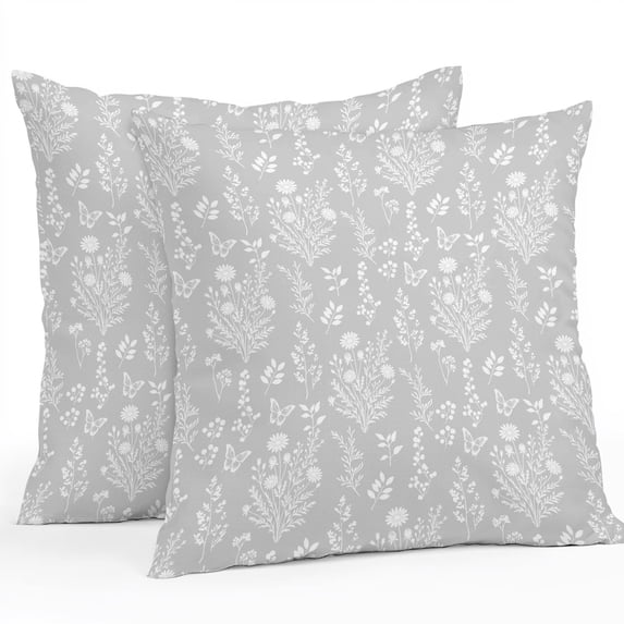 Throw Pillow Covers 26x26 Inch Set of 2, Grey Botanical Waterproof Outdoor Pillow Covers, Spring Summer Chic Wildflowers Decorative Cushion Pillowcases for Couch, Sofa, Bed, Garden, Patio