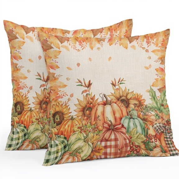 Throw Pillow Covers 26x26 Inch Set of 2, Orange Pumpkins Fall Thanksgiving Waterproof Outdoor Pillow Covers, Maple Leaf Rustic Decorative Cushion Pillowcases for Couch, Sofa, Bed, Garden, Patio