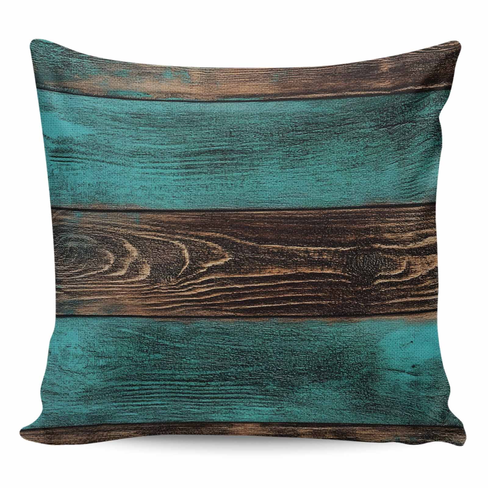 Throw Pillow Covers 26x26 Inch, Teal Brown Wood Decorative Pillow Cases for Couch Sofa Bed, Vintage Simple Chic Board Cotton Linen Square Home Decor Pillowcases with Hidden Zipper