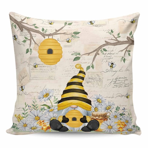 Throw Pillow Covers 26x26 Inch, Yellow Gnomes Decorative Pillow Cases for Couch Sofa Bed, Spring Floral Bees Daisy Branches Watercolor Cotton Linen Square Home Decor Pillowcases with Hidden Zipper