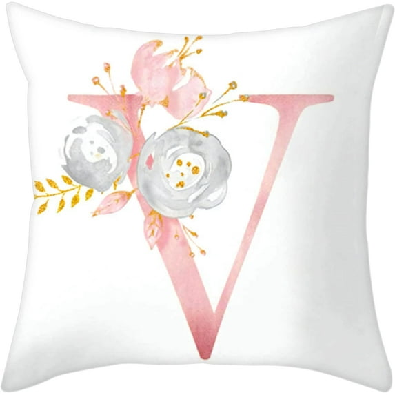Throw Pillow Covers Alphabet Decorative Pillow Cases ABC Letter Flowers Cushion Covers 18 x 18 Inch Square Pillow Protectors for Sofa Couch Bedroom Car Chair Home Decor (V)