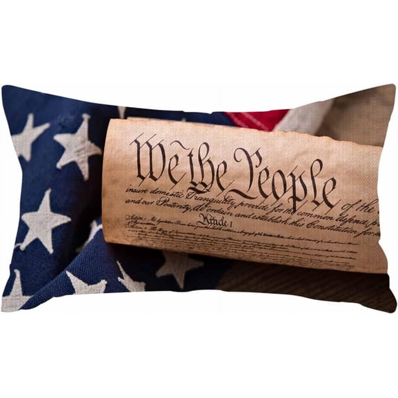 Throw Pillow Covers Americana United States Constitution Rolled in Scroll on Vintage American Flag and Rustic Wooden Board Pillow Case 12x20 Inches