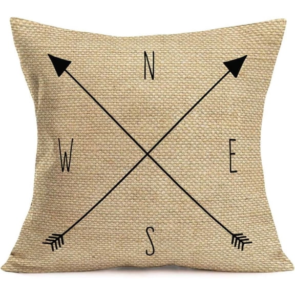 Throw Pillow Covers Arrow Compass North South West East Pillow Case Square Cotton Linen Decorative Cushion Cover Slipcover Home Decor 18x18 Inch Accent Pillowcase (Arrow-W)