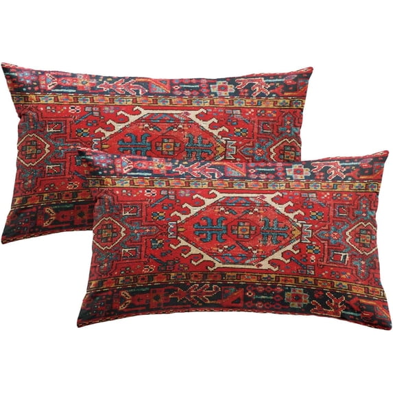 Throw Pillow Covers, Aztec Kilim Home Art Decor, 12 x 20 Inches Set of 2 Cushion Couch Sofa Cases, Abstract Oil Painting Pillowcases for Bedroom, Living Room, Ethnic Decorative, Red Tribal