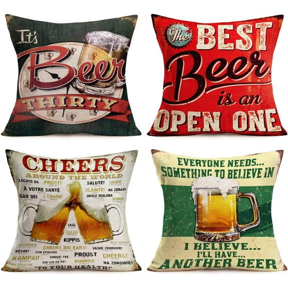 Throw Pillow Covers Beer Classical Quote Lettering Series Throw Pillows Cases 18 x 18 Inch Set of 4 Cotton Linen Vintage Rustic Icons Decorative Pillow Covers Cushion Case for Home Sofa (Beer Set)