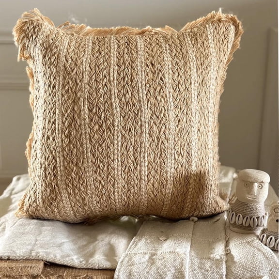Throw Pillow Covers, Beige 16"x16" (40x40 cm) Pillow Covers, Jute Jute Lace Throw Pillows For Sofa, Striped Pattern Contemporary Style - Golden Fiber