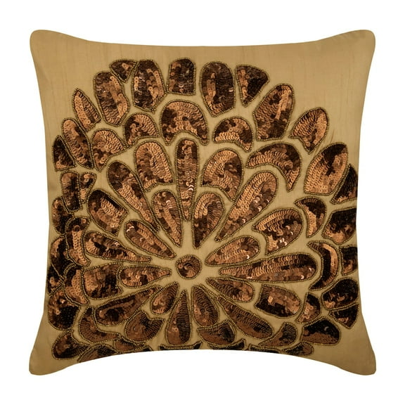 Throw Pillow Covers, Beige Decorative Throw Pillow Covers 16x16 inch (40x40 cm), Silk Throw Pillows For Couch, Nature & Floral, Sequins Embellished, Modern Cushion Cover - Desert Rose