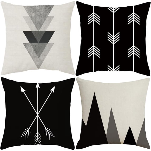 Throw Pillow Covers Black and White Pillow Cases Set of 4 Arrow Mountain 18x18 Decorative Square Zippered Cotton Linen Cushion Cover Room Sofa Decor