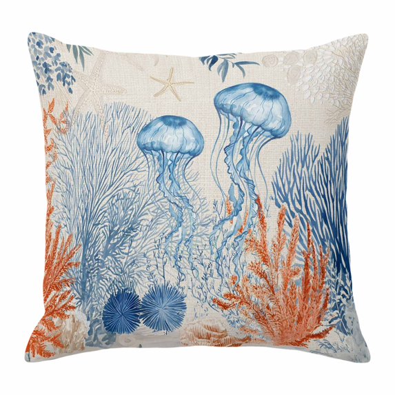 Throw Pillow Covers, Blue Coastal Jellyfish Decorative Throw Pillow Covers 18x18 Inch, Country Nautical Ocean Creatures Square Linen Pillow Cases for Couch/Living Room/Sofa