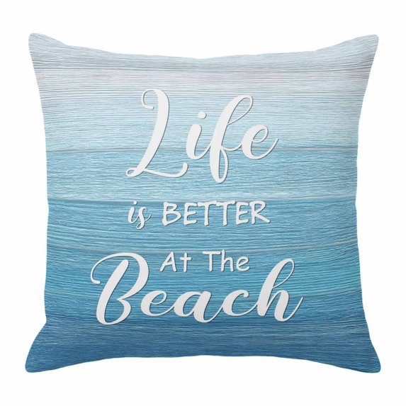 Throw Pillow Covers, Blue Summer Beach Decorative Throw Pillow Covers 20x20 Inch, Coastal Vacation Blue Wooden Square Linen Pillow Cases for Couch/Living Room/Sofa