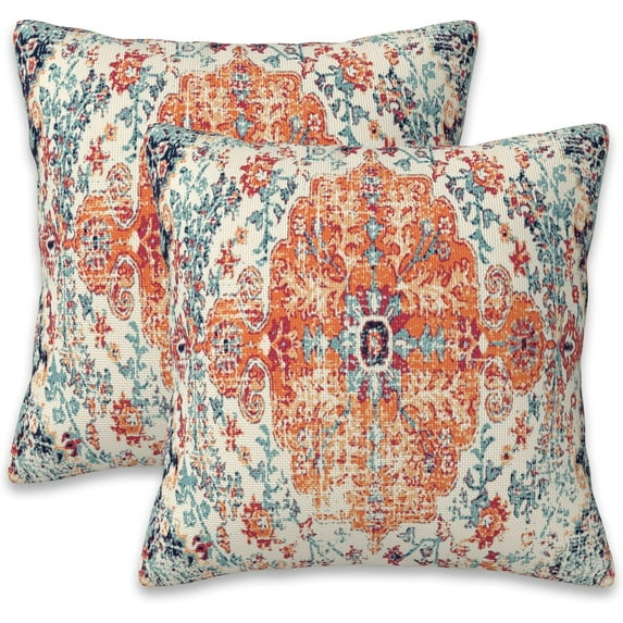 Throw Pillow Covers Boho Orange Pillow Covers 20x20 Inch Set of 2 Rug Boho Style Ethnic Floral Throw Pillows Decorative Pillow Cases Cushion Covers for Bedroom Livingroom Sofa Farm House