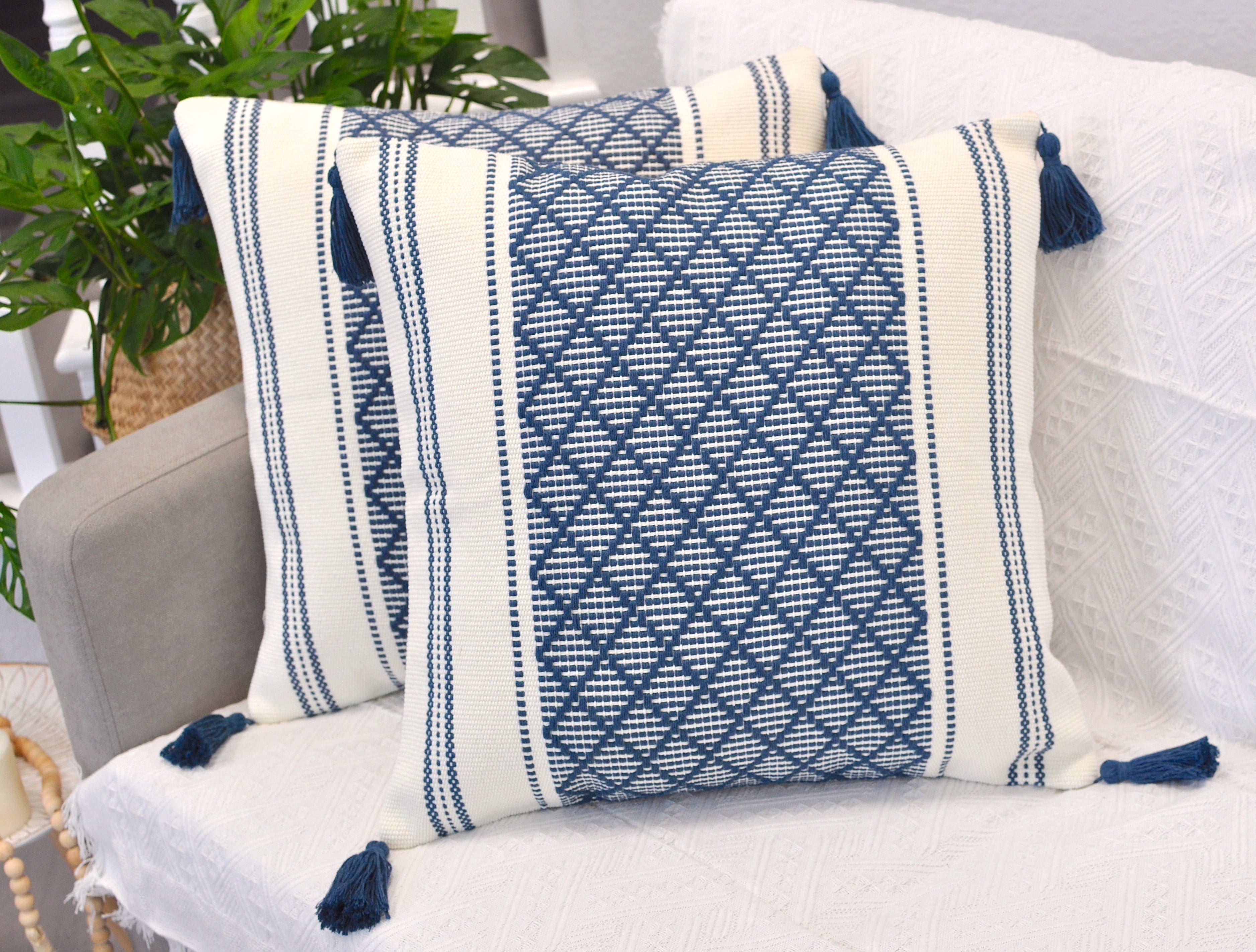 Throw Pillow Covers With Boho Tassels Navy Blue & Off White 16x16 inch - Set of 2 / Decorative Living Room Cushion Covers / Farmhouse Designer Woven PillowCases/ Modern Accent Cushion Covers