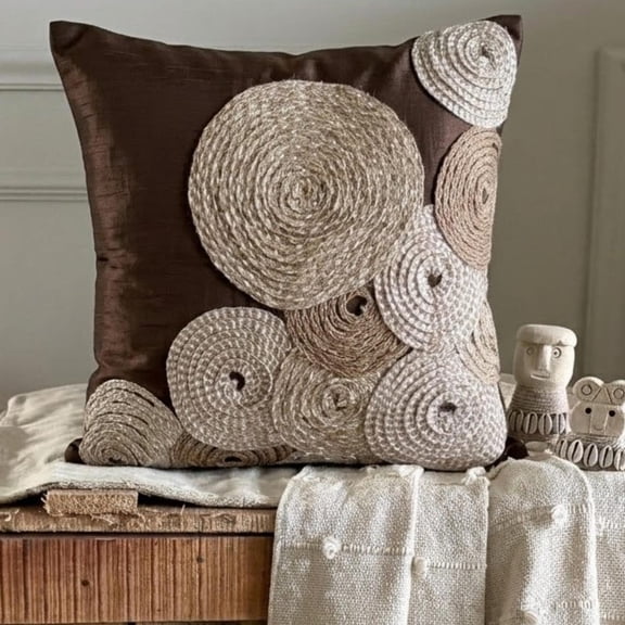 Throw Pillow Covers, Brown Decorative Zippered Throw Pillow Covers 16x16 inch (40x40 cm), Silk Throw Pillow Covers, Circles & Dots, Jute, Contemporary Cushion Cover - Adorned By Jute