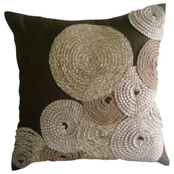 Throw Pillow Covers, Brown Decorative Zippered Throw Pillow Covers 16x16 inch (40x40 cm), Silk Throw Pillow Covers, Circles & Dots, Jute, Contemporary Cushion Cover&nbsp; - Adorned By Jute