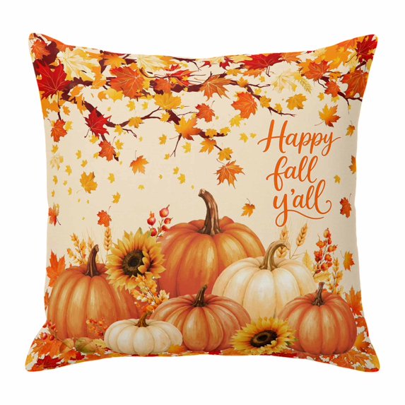 Throw Pillow Covers, Burnt Orange Pumpkins Fall 26x26 Pillow Covers for Couch/Sofa/Bed, Thanksgiving Branches Maple Leaves Decorative Square Linen Cushion Pillowcase for Home Decor