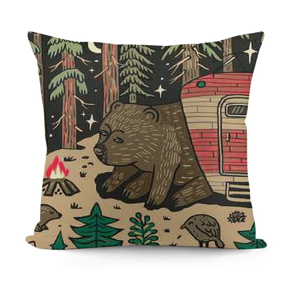 Throw Pillow Covers Camp Funny Map with Nature Landscape Camping and Cute Animals in The Forest Home Decor Pillowcase