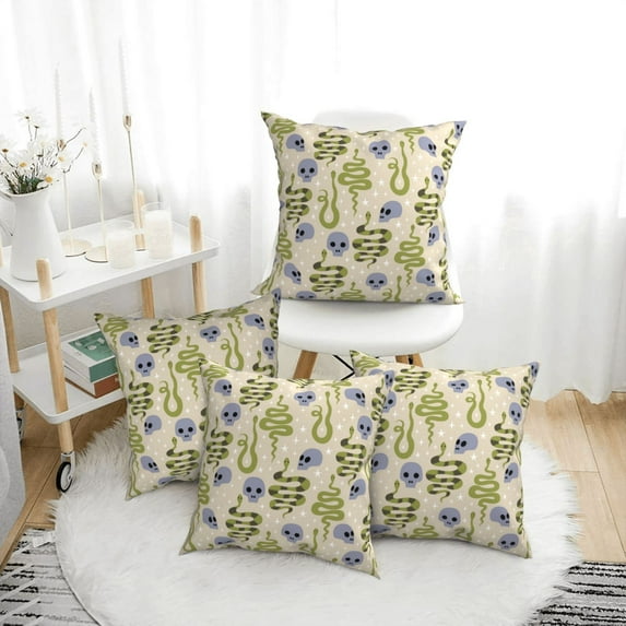 Throw Pillow Covers, Cartoon Green Cute Snake Skull Soft Square Pillow Cases with Invisible Zipper for Couch Bed Sofa, Farmhouse Fall Home Decor 16"x16"