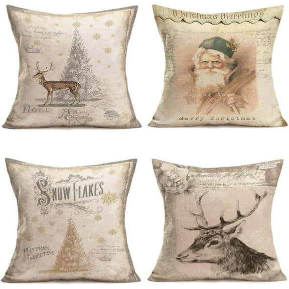 Throw Pillow Covers Christmas Winter Home Decorative Cotton Linen Vintage Background Christmas Tree Snowflakes Santa Claus Elk Throw Pillow Case Cushion Cover for Sofa Couch 18" (Vintage Set)