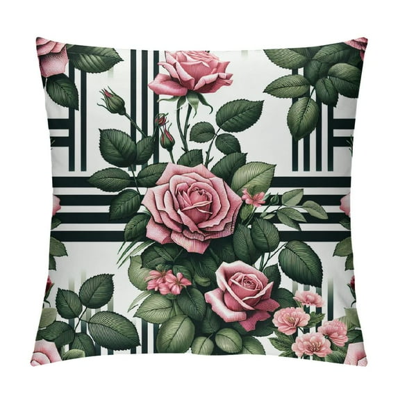 Throw Pillow Covers Colorful Floral Peony and Roses Black and White Stripes Flowered Pink Abstract Decorative Pillow Case Home Decor Square  Pillowcase