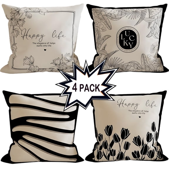 Throw Pillow Covers for Couch Set of 4,AlmosTen Soft Velvet Pillow Case Square Cushion Decorative Throw Pillows Cover 18x18 inch for Couch,Home Sofa,Living Room,Bedroom,Black and Beige