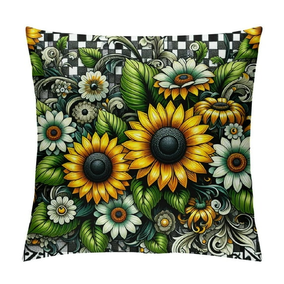 Throw Pillow Covers , Pillow Covers, Farmhouse Plaid Grid Yellow Floral Wild Botanical Black White Stripe Cushion Covers, Rustic Garden Plants Cushion Cases