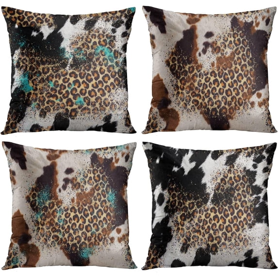 Throw Pillow Covers, Cowhide and Leopard Mix Print Home Decor Set of 4 Pillow Cases, 18 X 18 inches Sofa Cushion Couch Sofa Pillowcases Decorative