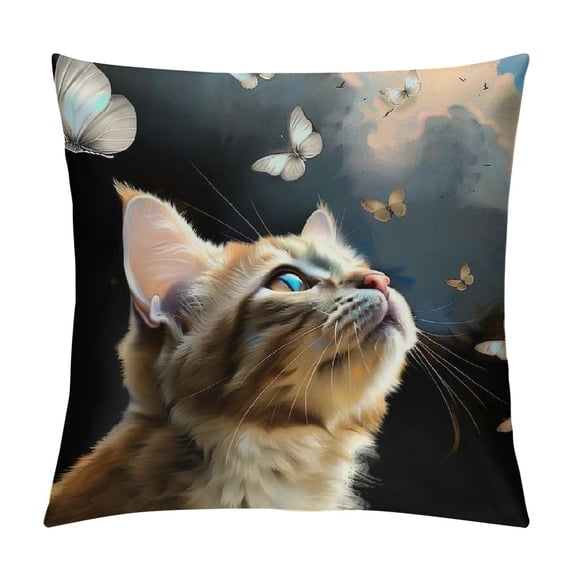 Throw Pillow Covers Cute Cat Kitten with Butterflies Square Pillowcase for Home Decor Sofa Car Bedroom Pillow case