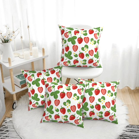 Throw Pillow Covers, Cute Strawberry Flower Leaves Soft Square Pillow Cases with Invisible Zipper for Couch Bed Sofa, Farmhouse Fall Home Decor 16"x16"