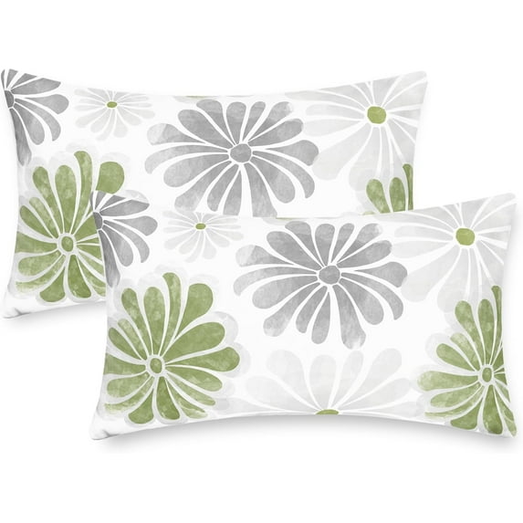 Throw Pillow Covers Decorative 12 X 20 Inches Pack of 2 Cozy Fleece Two-Tone Blooming Flowers Decorative Cushion Cases for Couch Bed Sofa Farmhouse Decoration Sage Green Grey