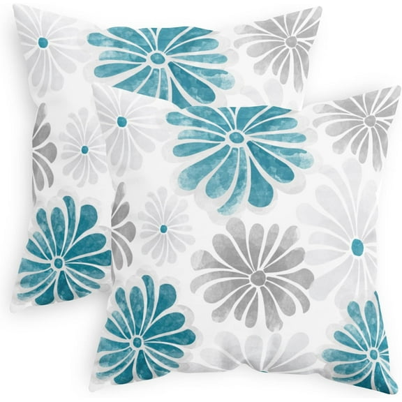 Throw Pillow Covers Decorative 18 X 18 Inches Pack of 2 Cozy Fleece Two-Tone Blooming Flowers Decorative Cushion Cases for Couch Bed Sofa Farmhouse Decoration Teal Dark Grey