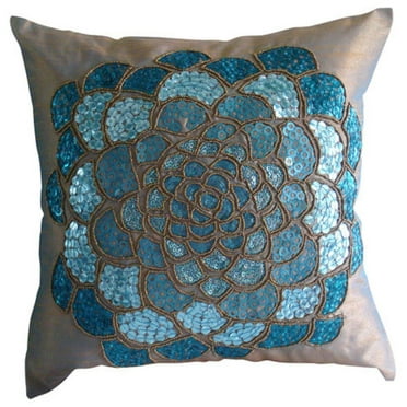 Throw Pillow Covers, Decorative Blue Designer Pillow Case&nbsp;Cover 16x16 inch (40x40 cm), Silk Throw Pillows For Couch, Nature & Floral, Sequins Embellished, Modern Throw - Wild Flower