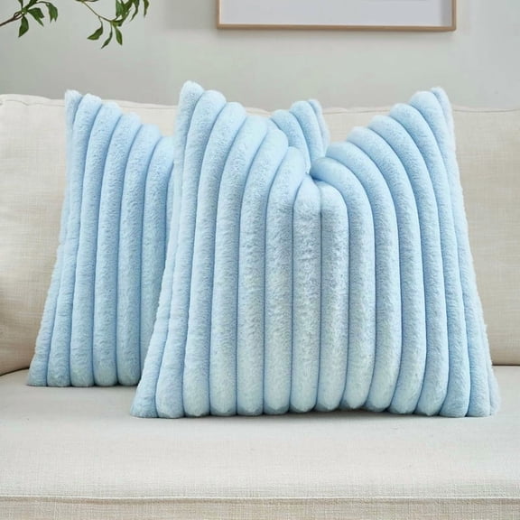 Throw Pillow Covers Decorative Faux Fur Set of 2 22 x 22 Inch Pillow Covers, Soft Sky Blue Striped Outdoor Pillowcases for Couch Sofa Bed Living Room, Fluffy Cute Home Boho Accent Fuzzy Decor